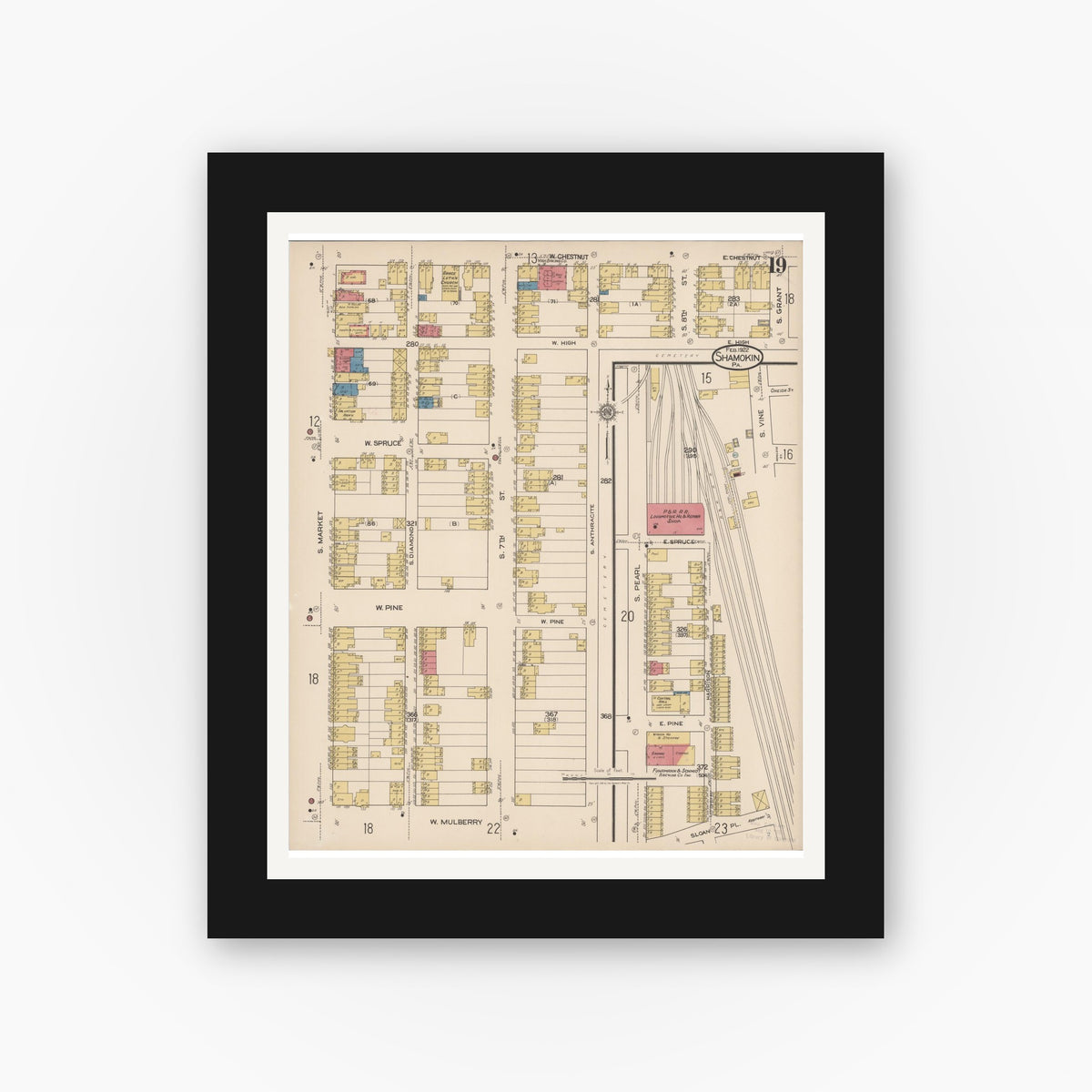 Old map wall art mockup — black gallery frame with white mat — Sanborn Fire Insurance Map from Shamokin, Northumberland County, Pennsylvania (1922), Sheet #0019