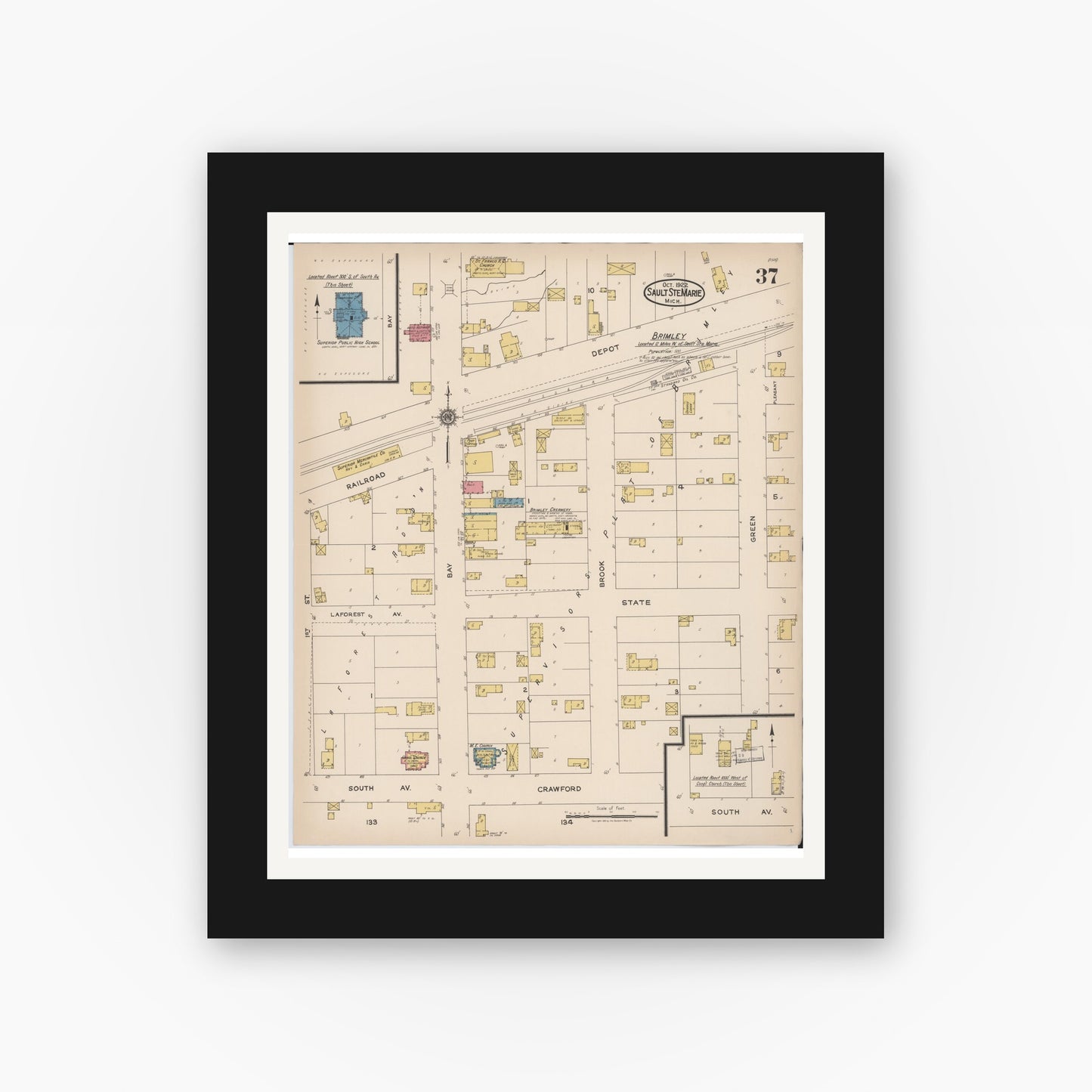 Old map wall art mockup — black gallery frame with white mat — Sanborn Fire Insurance Map from Sault Sainte Marie, Chippewa County, Michigan (1922), Sheet #0037