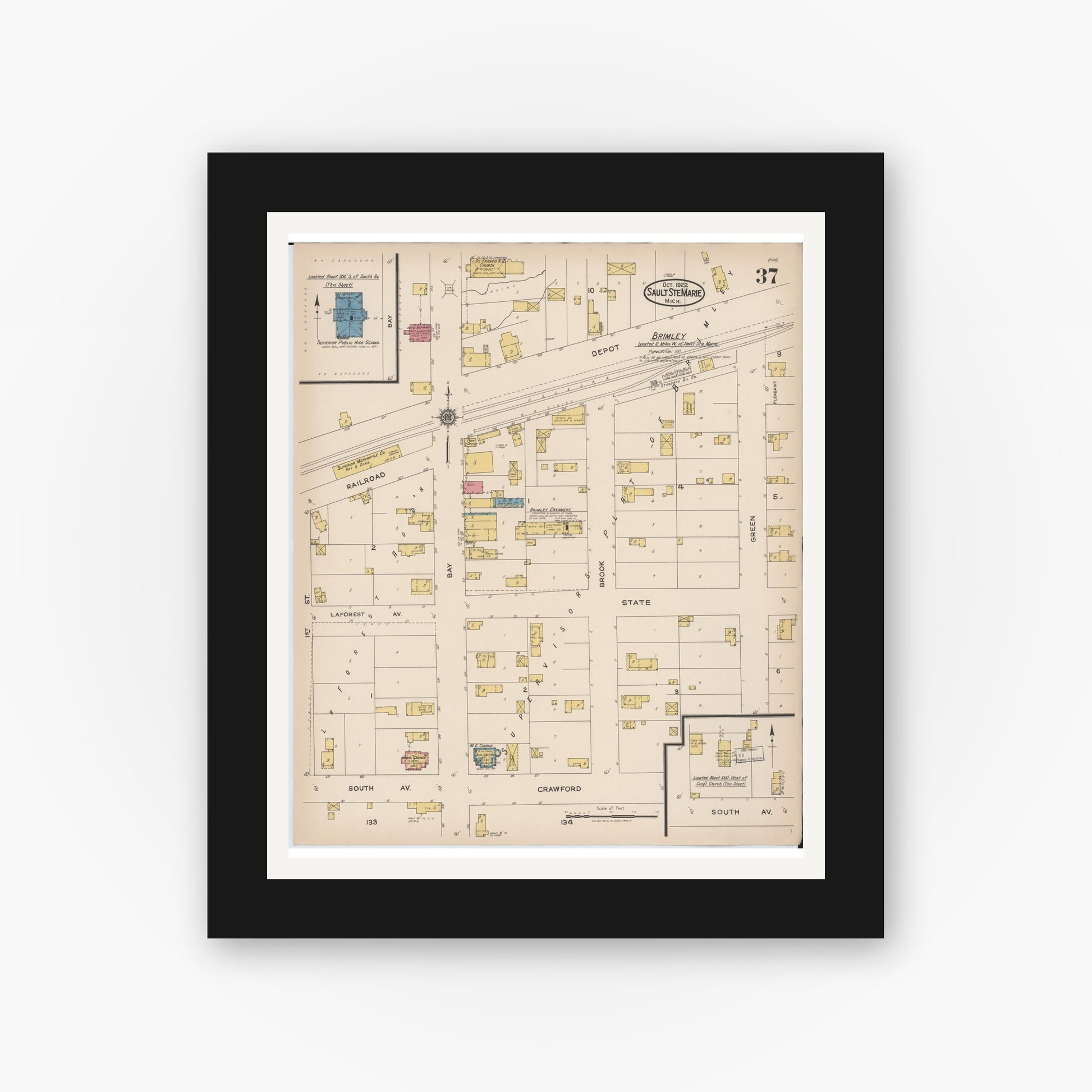 Old map wall art mockup — black gallery frame with white mat — Sanborn Fire Insurance Map from Sault Sainte Marie, Chippewa County, Michigan (1922), Sheet #0037