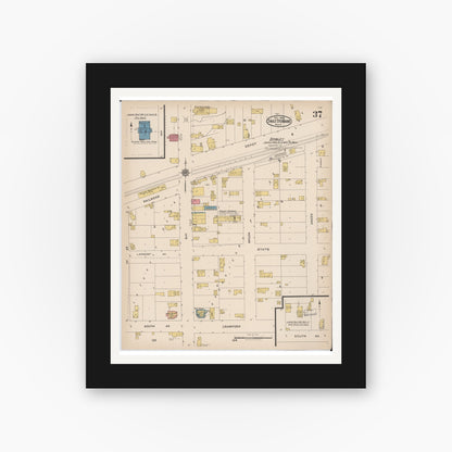 Old map wall art mockup — black gallery frame with white mat — Sanborn Fire Insurance Map from Sault Sainte Marie, Chippewa County, Michigan (1922), Sheet #0037