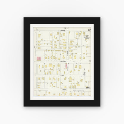 Old map wall art mockup — black gallery frame with white mat — Sanborn Fire Insurance Map from Gainesville, Cooke County, Texas (1897), Sheet #0009