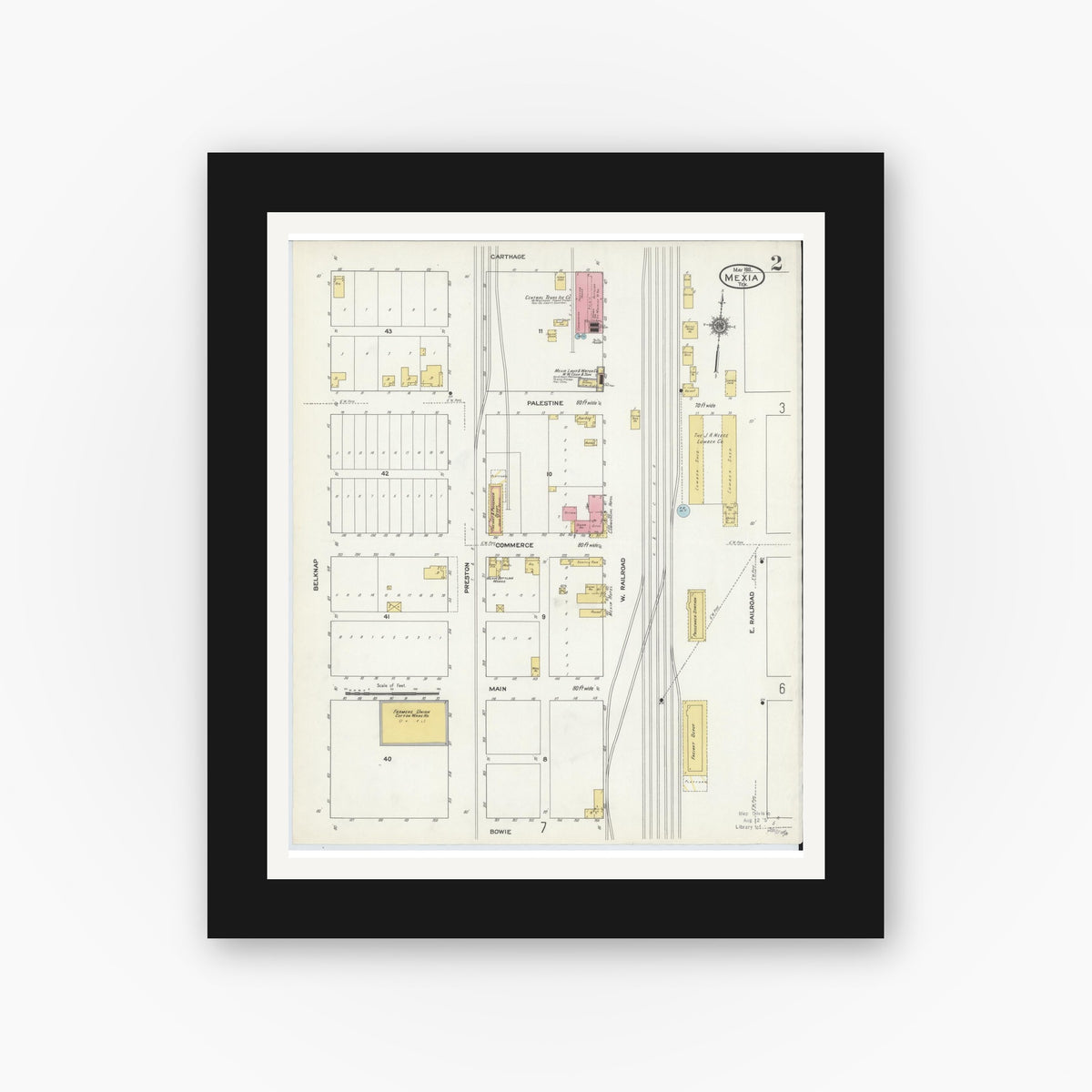 Old map wall art mockup — black gallery frame with white mat — Sanborn Fire Insurance Map from Mexia, Limestone County, Texas (1911), Sheet #0002