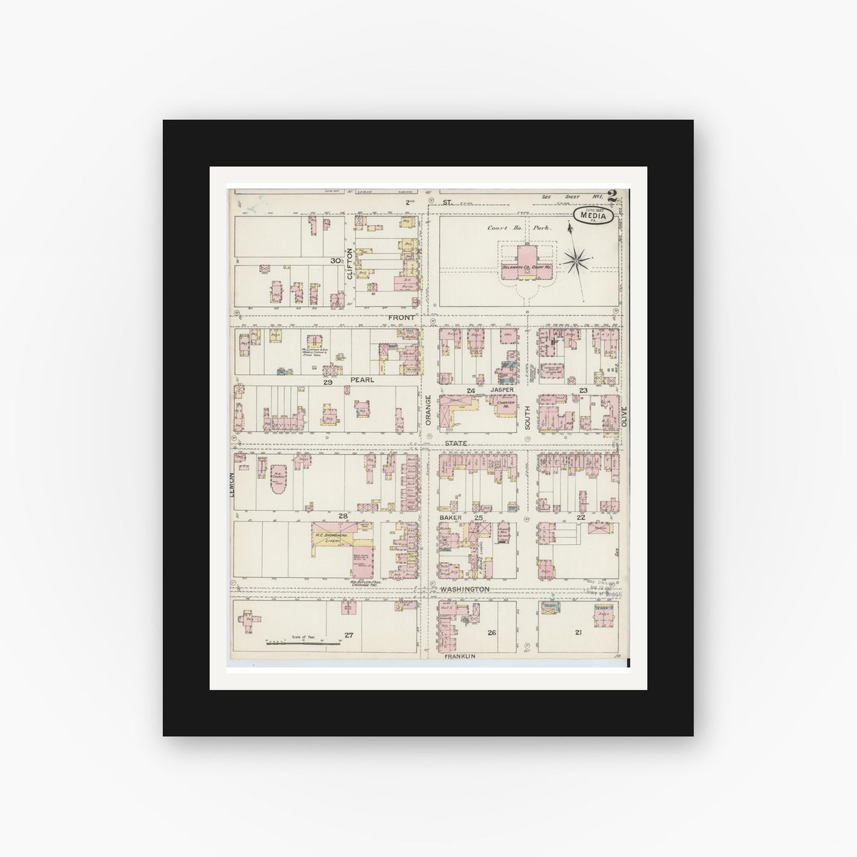 Old map wall art mockup — black gallery frame with white mat — Sanborn Fire Insurance Map from Media, Delaware County, Pennsylvania (1887), Sheet #0002