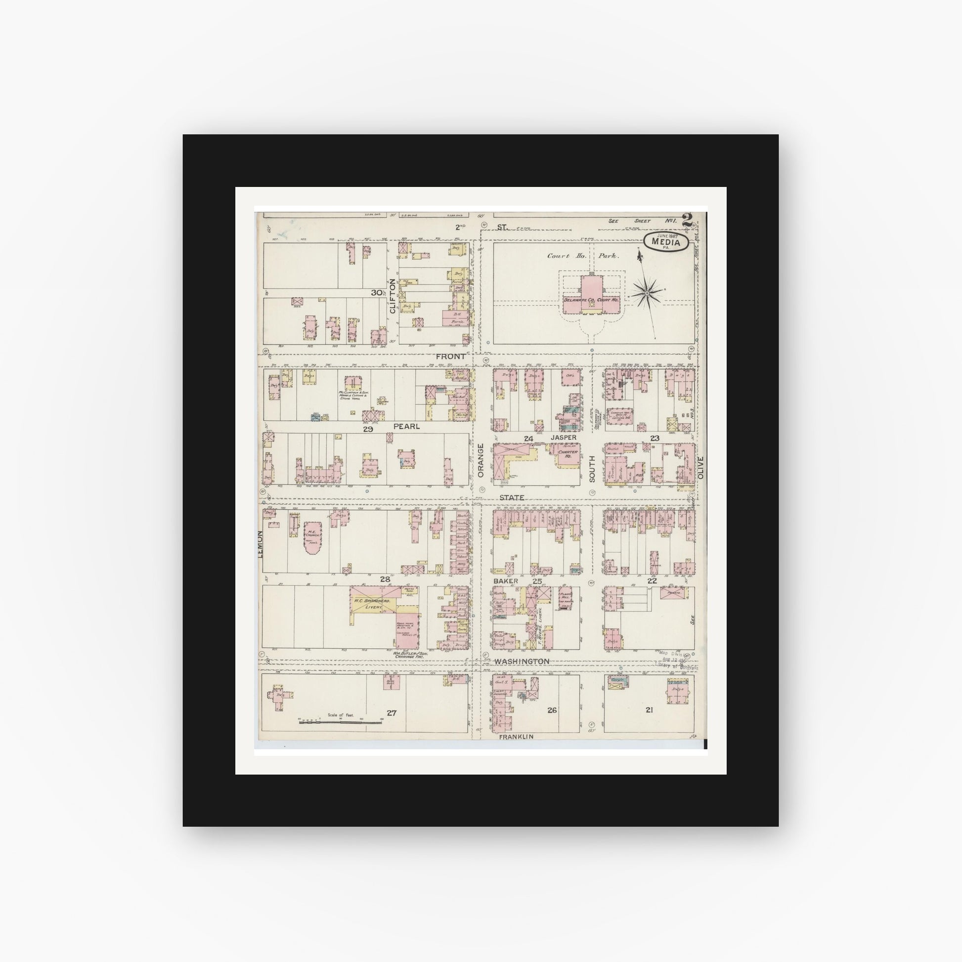 Old map wall art mockup — black gallery frame with white mat — Sanborn Fire Insurance Map from Media, Delaware County, Pennsylvania (1887), Sheet #0002