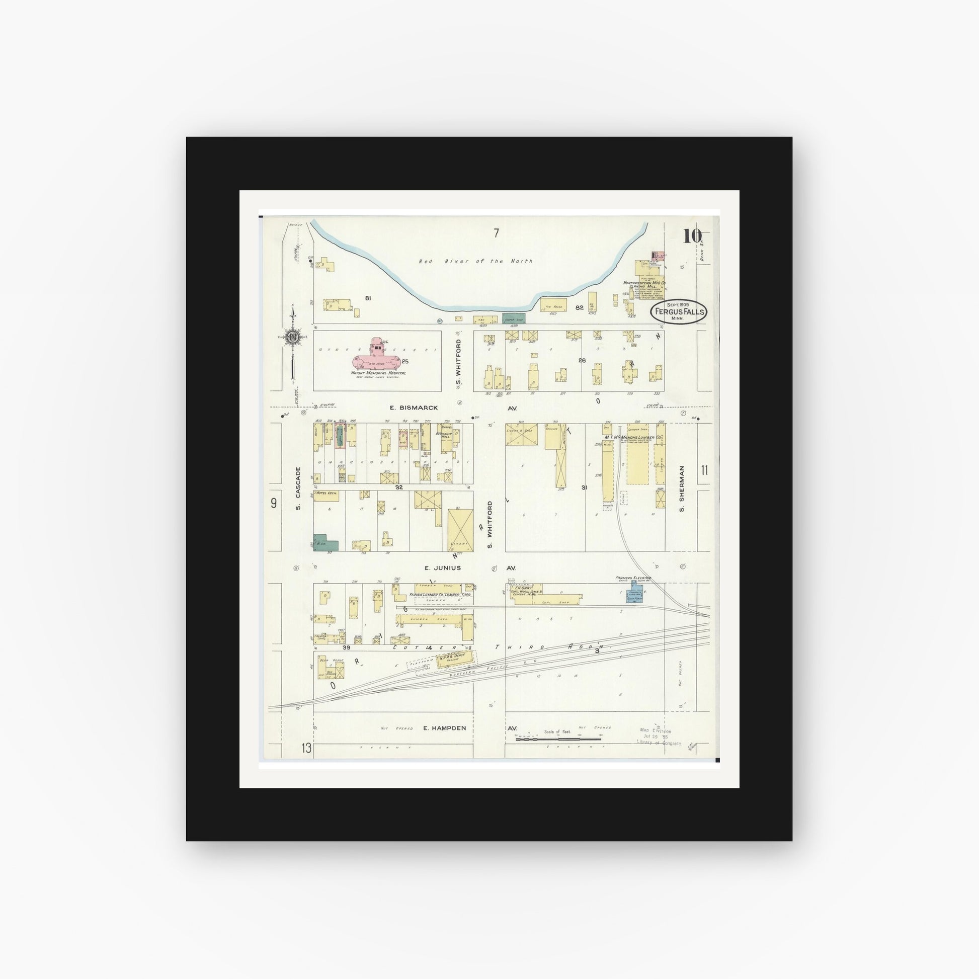 Old map wall art mockup — black gallery frame with white mat — Sanborn Fire Insurance Map from Fergus Falls, Otter Tail County, Minnesota (1909), Sheet #0010