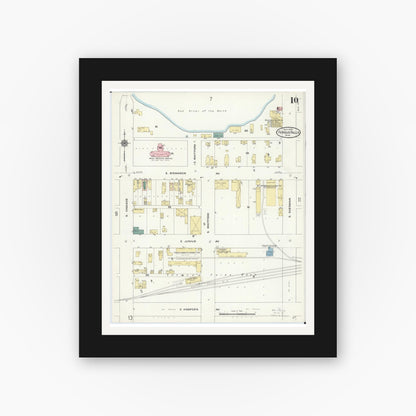 Old map wall art mockup — black gallery frame with white mat — Sanborn Fire Insurance Map from Fergus Falls, Otter Tail County, Minnesota (1909), Sheet #0010
