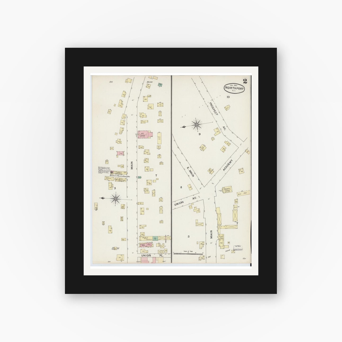 Old map wall art mockup — black gallery frame with white mat — Sanborn Fire Insurance Map from Northport, Suffolk County, New York (1891), Sheet #0002