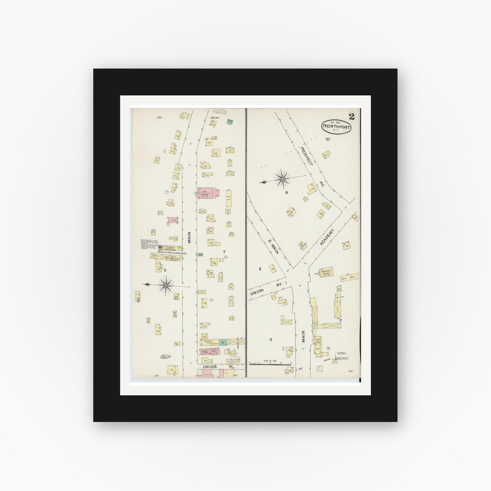 Old map wall art mockup — black gallery frame with white mat — Sanborn Fire Insurance Map from Northport, Suffolk County, New York (1891), Sheet #0002