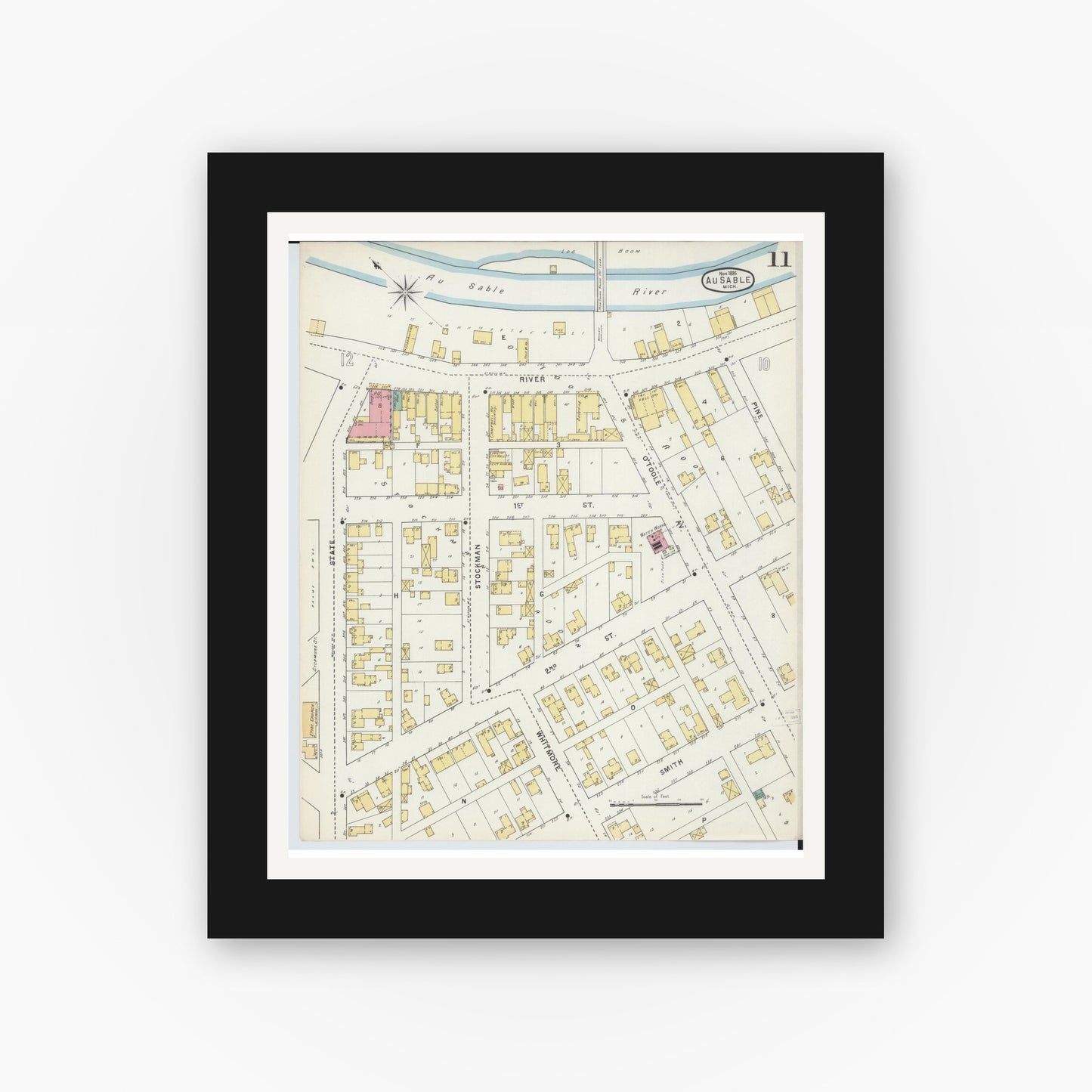 Old map wall art mockup — black gallery frame with white mat — Sanborn Fire Insurance Map from Oscoda, Iosco County, Michigan (1895), Sheet #0011