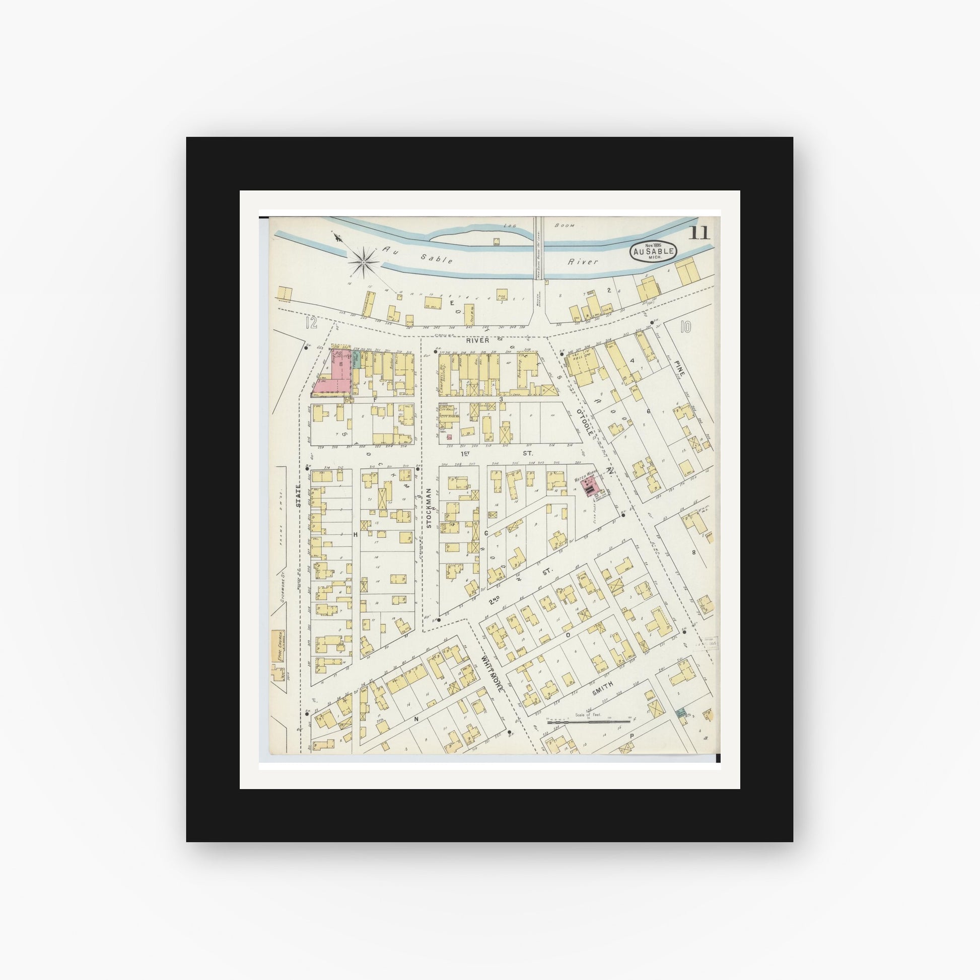 Old map wall art mockup — black gallery frame with white mat — Sanborn Fire Insurance Map from Oscoda, Iosco County, Michigan (1895), Sheet #0011