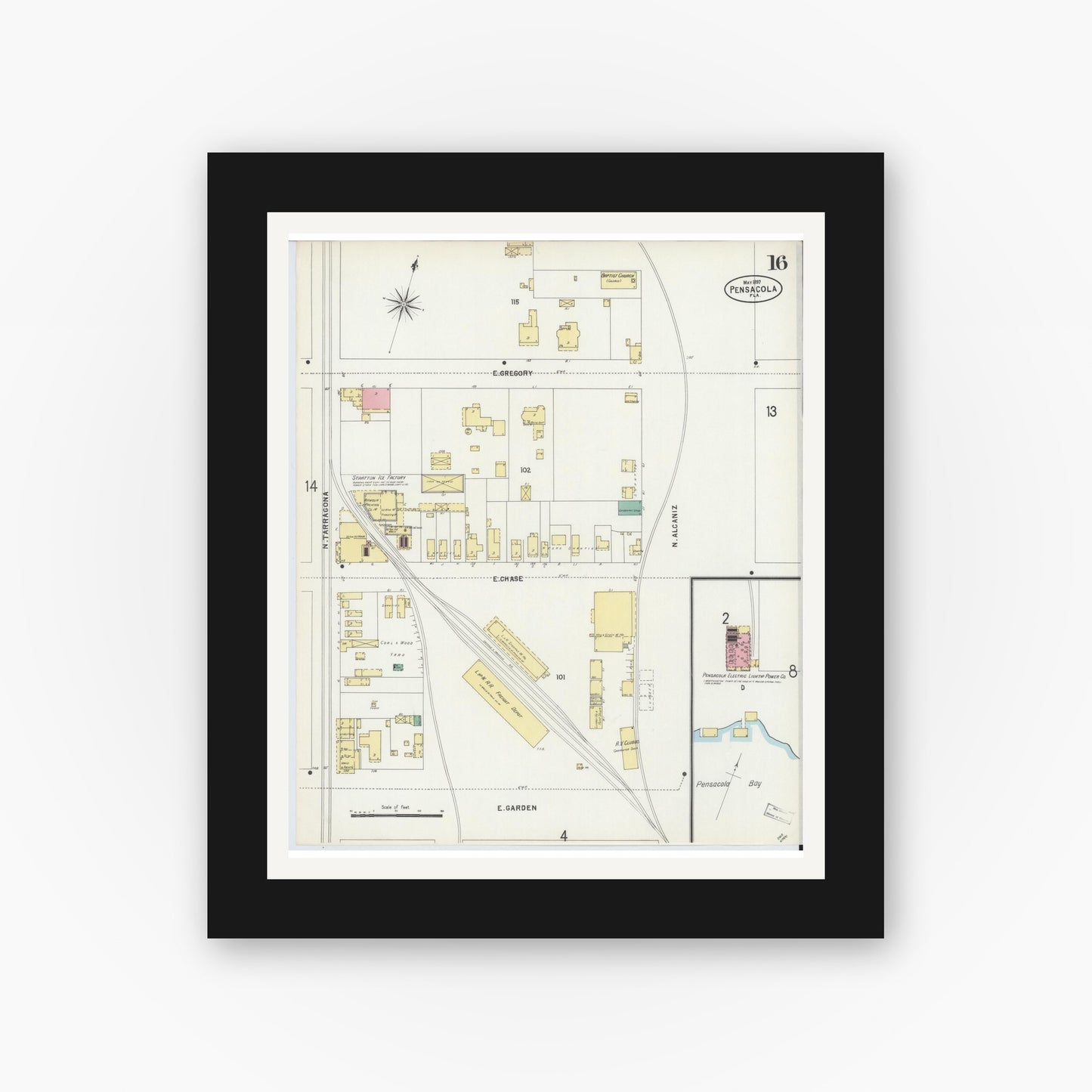 Old map wall art mockup — black gallery frame with white mat — Sanborn Fire Insurance Map from Pensacola, Escambia County, Florida (1897), Sheet #0016