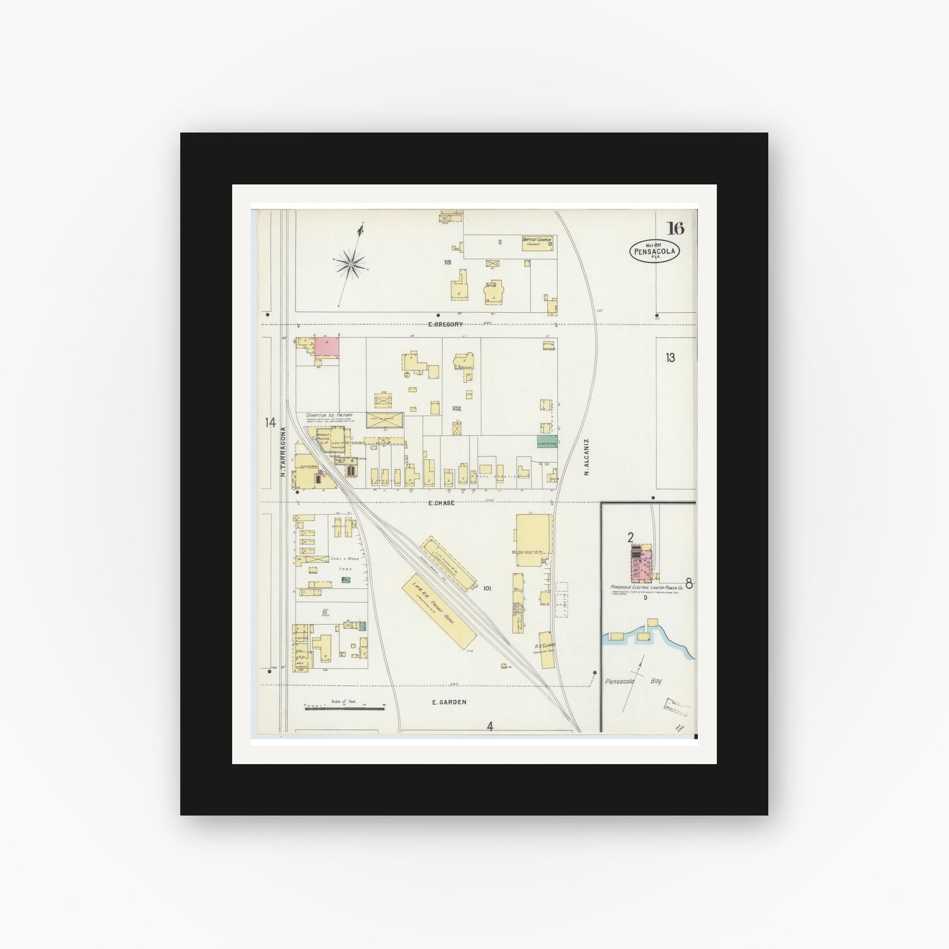 Old map wall art mockup — black gallery frame with white mat — Sanborn Fire Insurance Map from Pensacola, Escambia County, Florida (1897), Sheet #0016