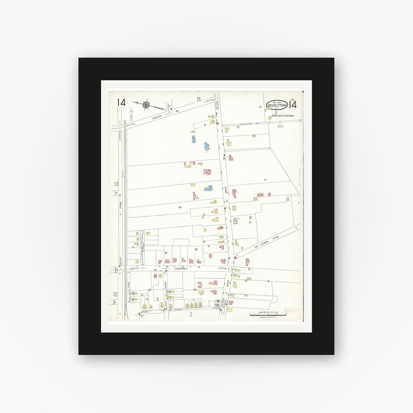 Old map wall art mockup — black gallery frame with white mat — Sanborn Fire Insurance Map from Moorestown, Burlington County, New Jersey (1923), Sheet #0014