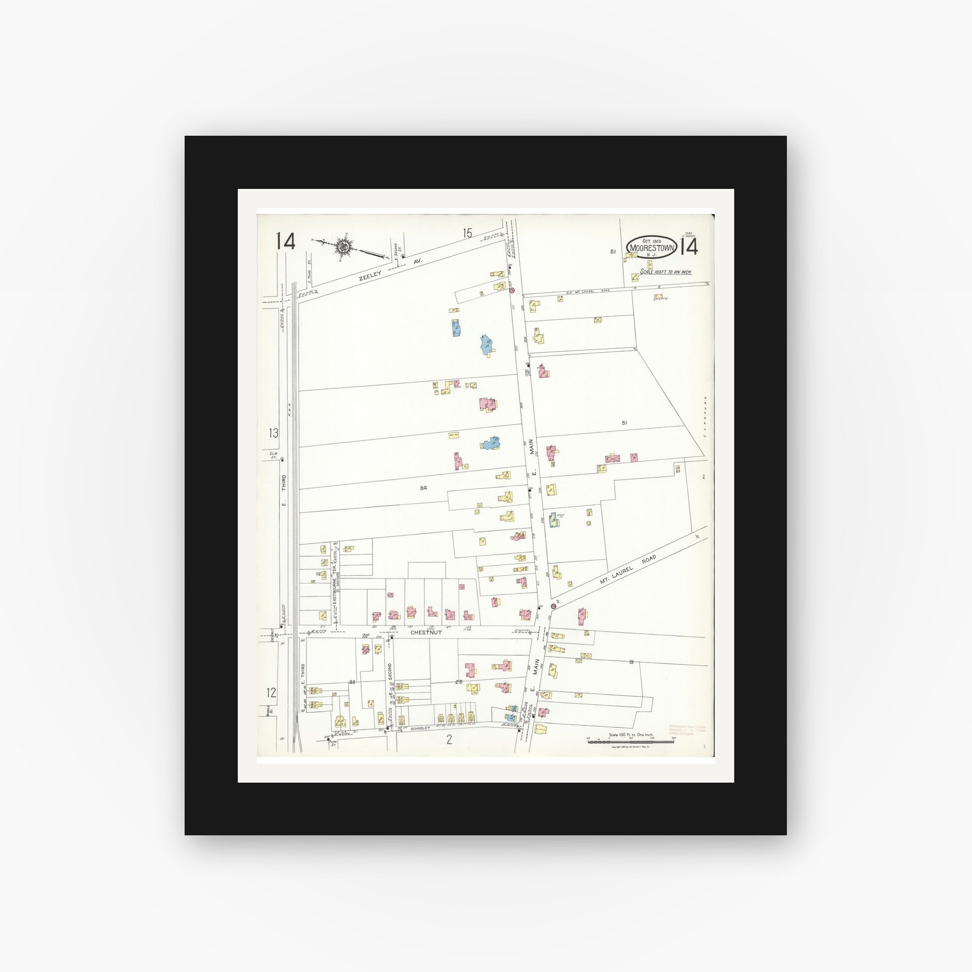 Old map wall art mockup — black gallery frame with white mat — Sanborn Fire Insurance Map from Moorestown, Burlington County, New Jersey (1923), Sheet #0014