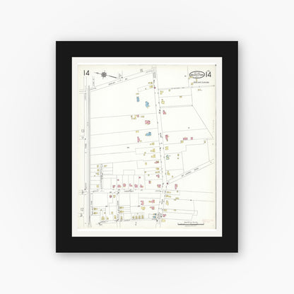 Old map wall art mockup — black gallery frame with white mat — Sanborn Fire Insurance Map from Moorestown, Burlington County, New Jersey (1923), Sheet #0014