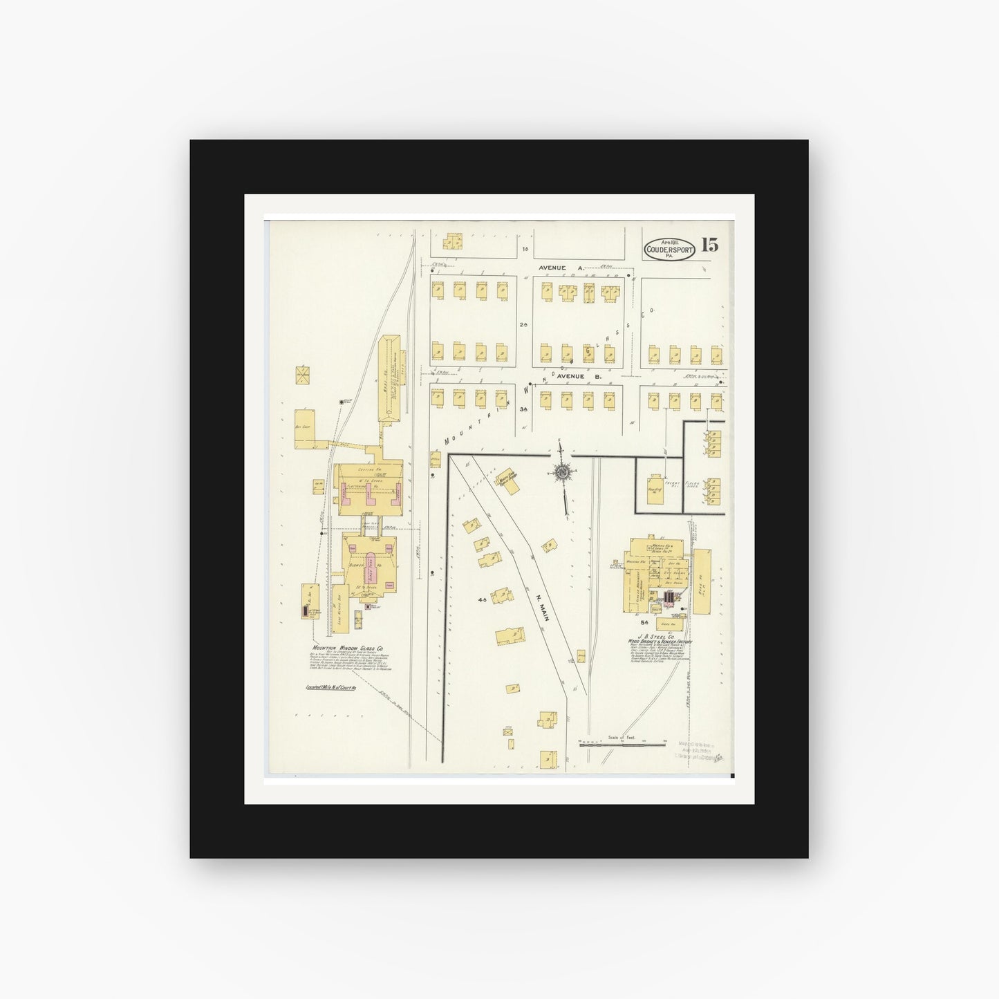 Old map wall art mockup — black gallery frame with white mat — Sanborn Fire Insurance Map from Coudersport, Potter County, Pennsylvania (1911), Sheet #0015