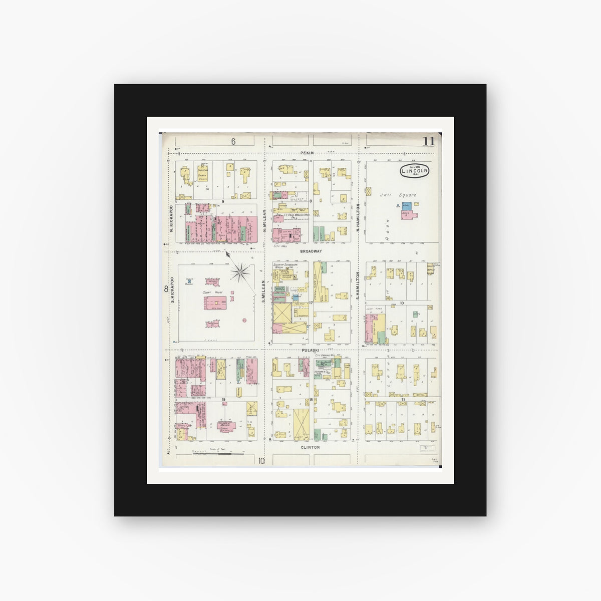 Old map wall art mockup — black gallery frame with white mat — Sanborn Fire Insurance Map from Lincoln, Logan County, Illinois (1896), Sheet #0011