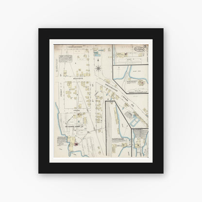 Old map wall art mockup — black gallery frame with white mat — Sanborn Fire Insurance Map from Hudson, St. Croix County, Wisconsin (1884), Sheet #0003