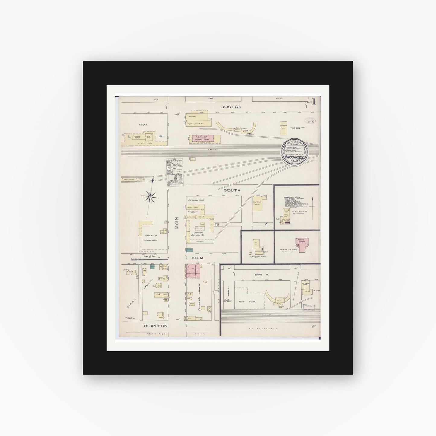 Old map wall art mockup — black gallery frame with white mat — Sanborn Fire Insurance Map from Brookfield, Linn County, Missouri (1885) - Complete Map Set