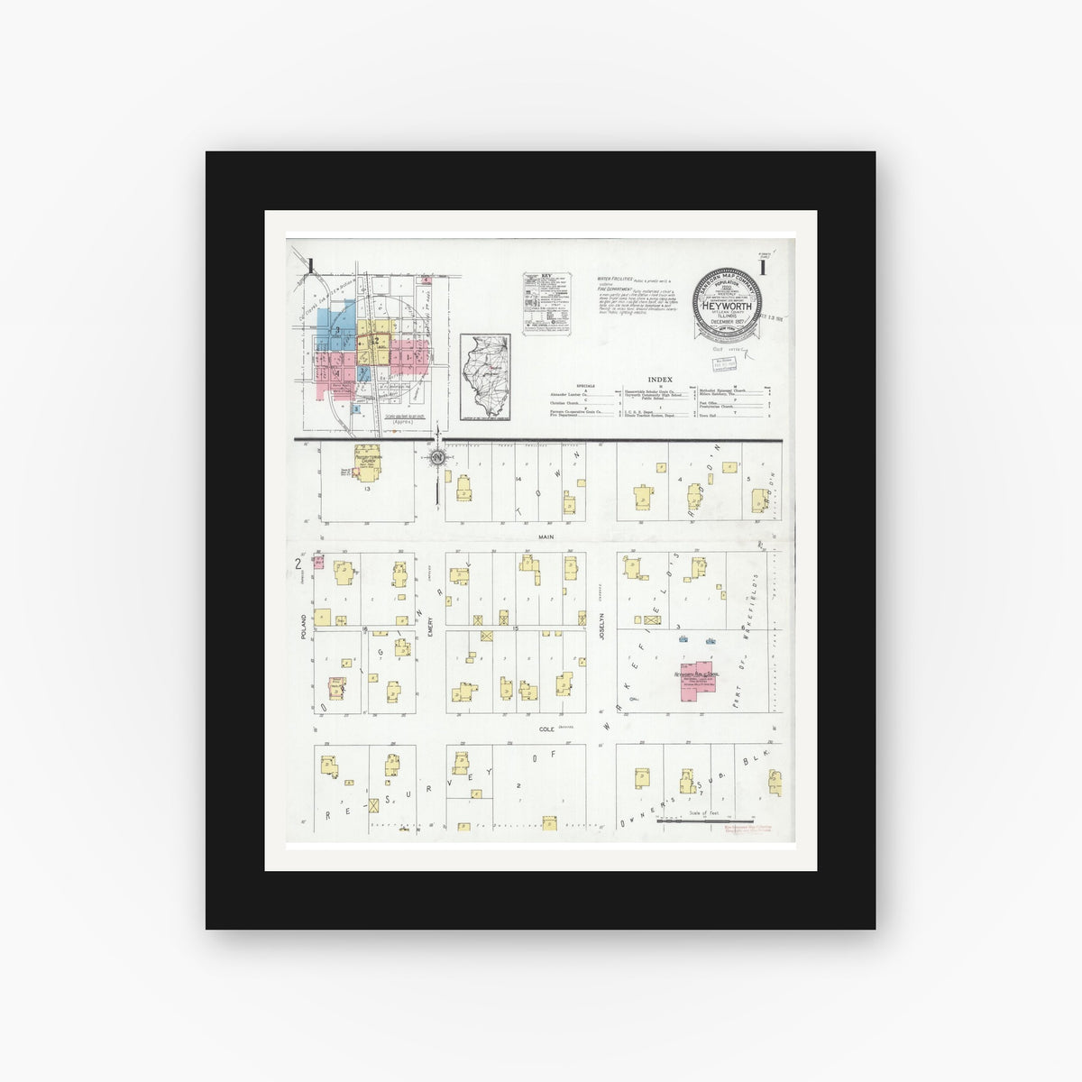 Old map wall art mockup — black gallery frame with white mat — Sanborn Fire Insurance Map from Heyworth, McLean County, Illinois (1927) - Complete Map Set