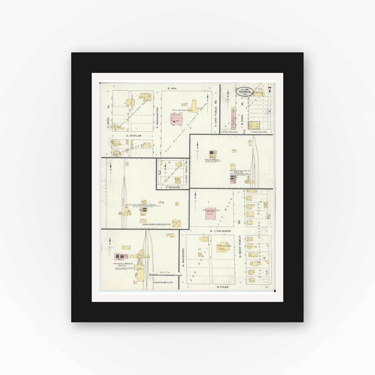 Old map wall art mockup — black gallery frame with white mat — Sanborn Fire Insurance Map from Herrin, Williamson County, Illinois (1909), Sheet #0007