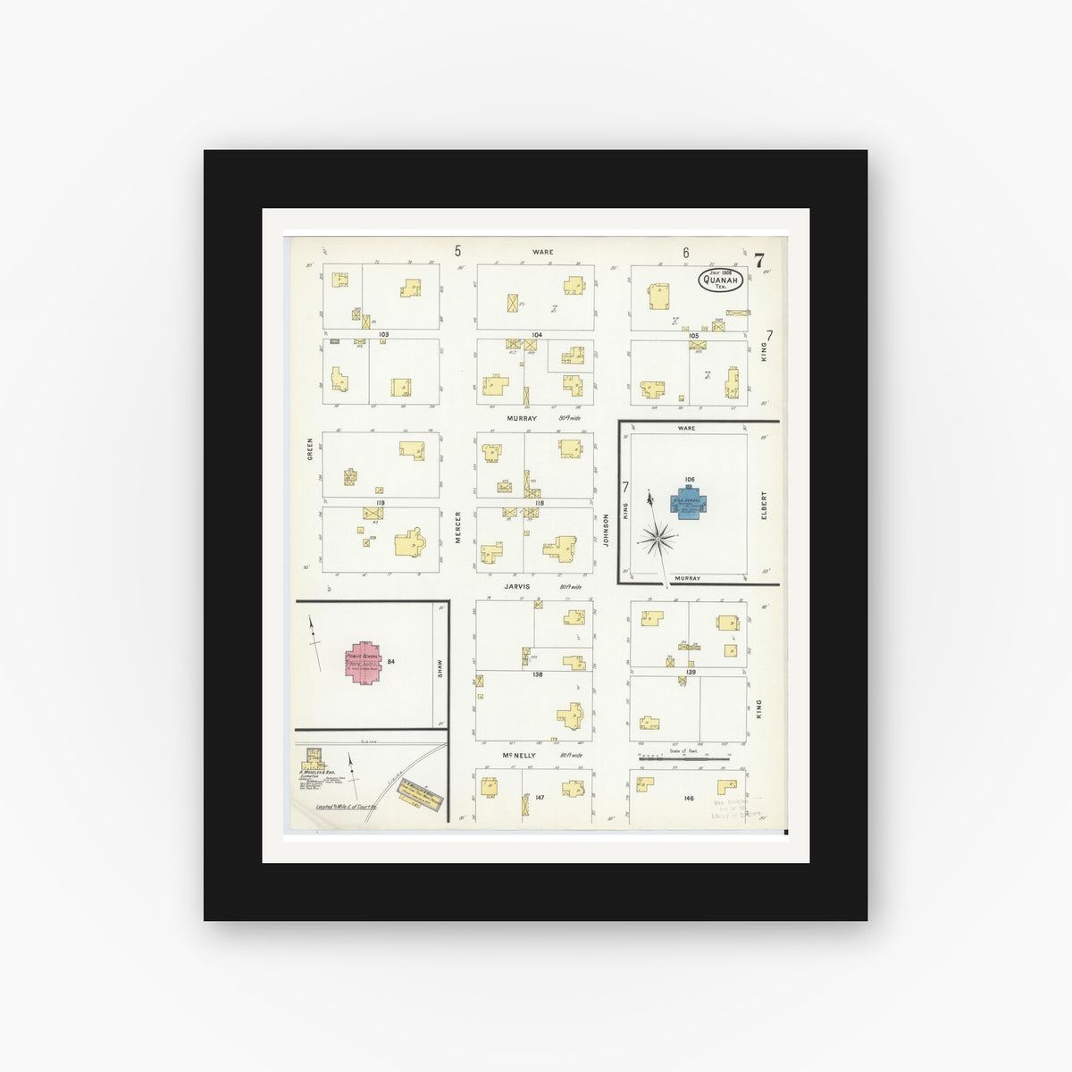Old map wall art mockup — black gallery frame with white mat — Sanborn Fire Insurance Map from Quanah, Hardeman County, Texas (1908), Sheet #0007