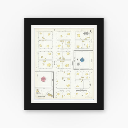 Old map wall art mockup — black gallery frame with white mat — Sanborn Fire Insurance Map from Quanah, Hardeman County, Texas (1908), Sheet #0007