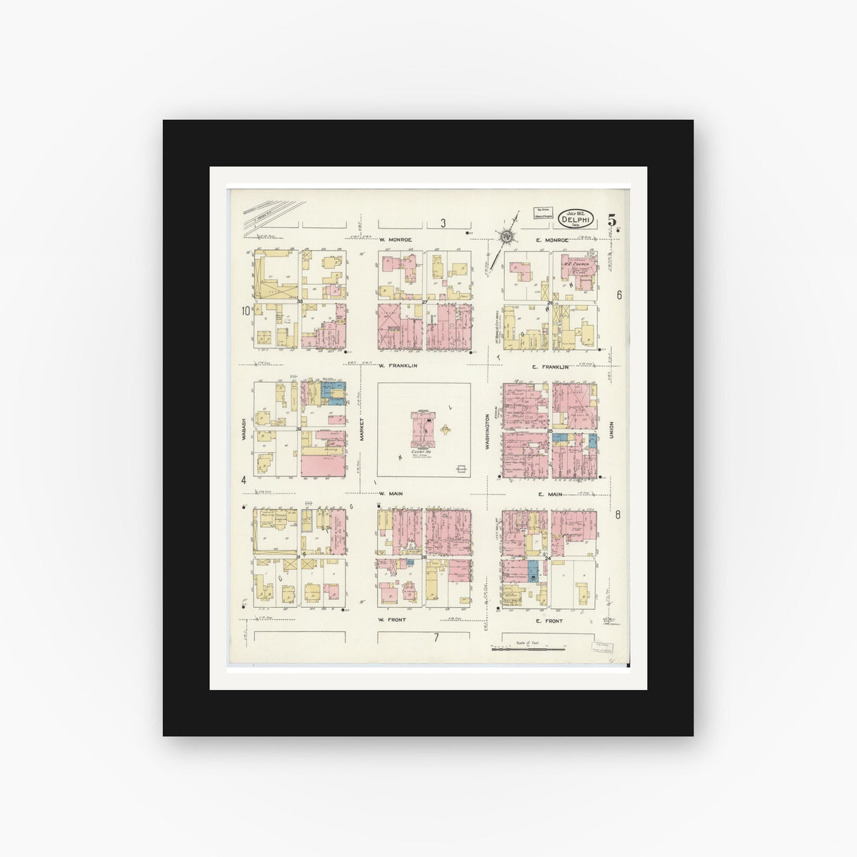 Old map wall art mockup — black gallery frame with white mat — Sanborn Fire Insurance Map from Delphi, Carroll County, Indiana (1912), Sheet #0005