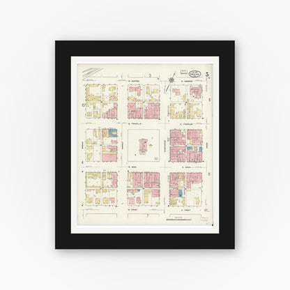 Old map wall art mockup — black gallery frame with white mat — Sanborn Fire Insurance Map from Delphi, Carroll County, Indiana (1912), Sheet #0005
