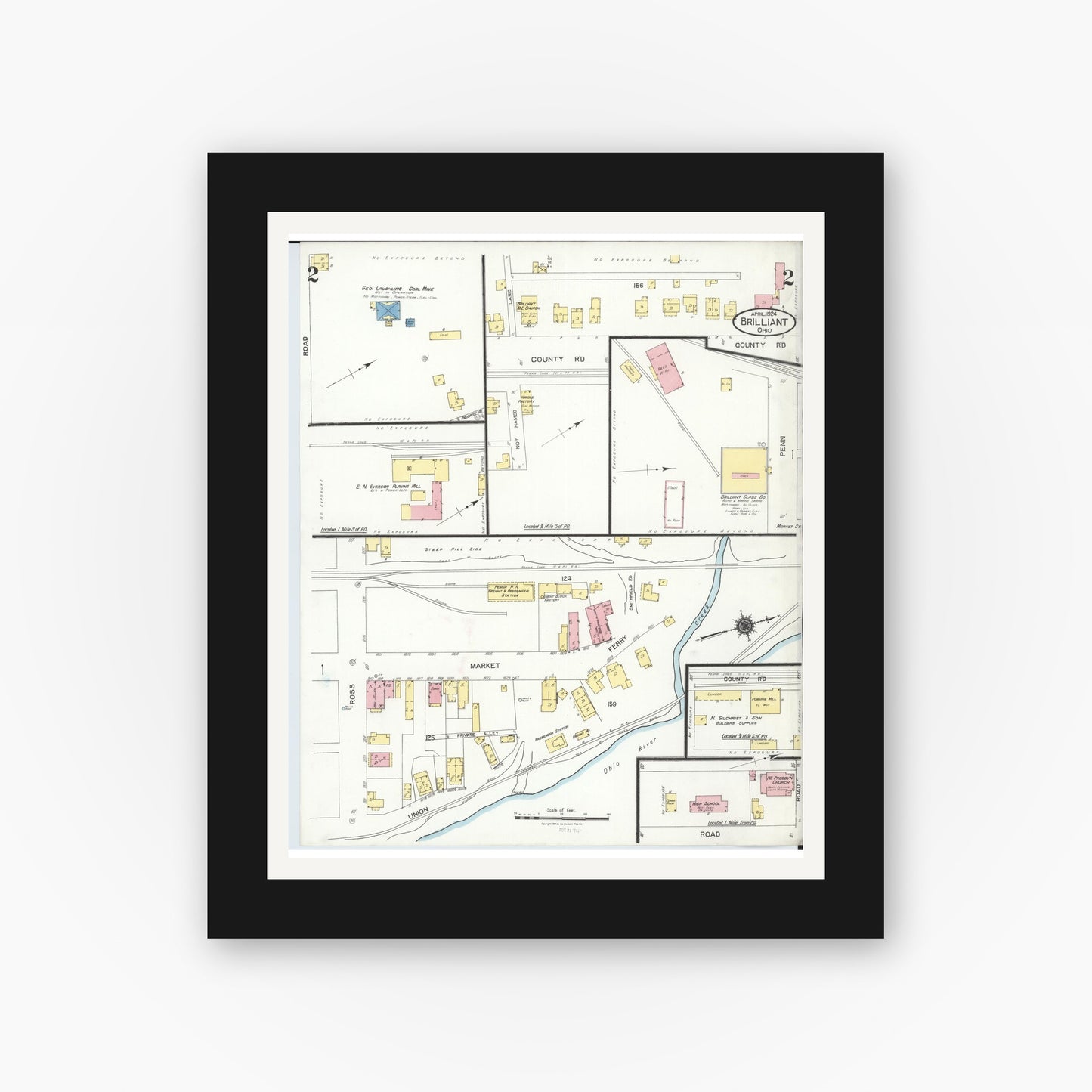 Old map wall art mockup — black gallery frame with white mat — Sanborn Fire Insurance Map from Brilliant, Jefferson County, Ohio (1924), Sheet #0002