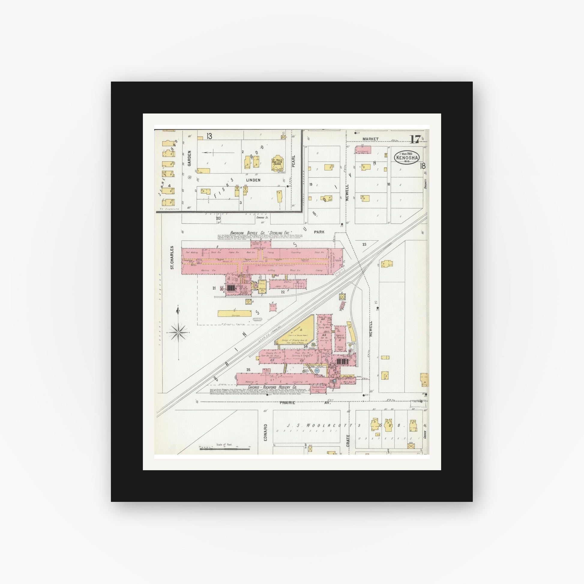Old map wall art mockup — black gallery frame with white mat — Sanborn Fire Insurance Map from Kenosha, Kenosha County, Wisconsin (1900), Sheet #0017