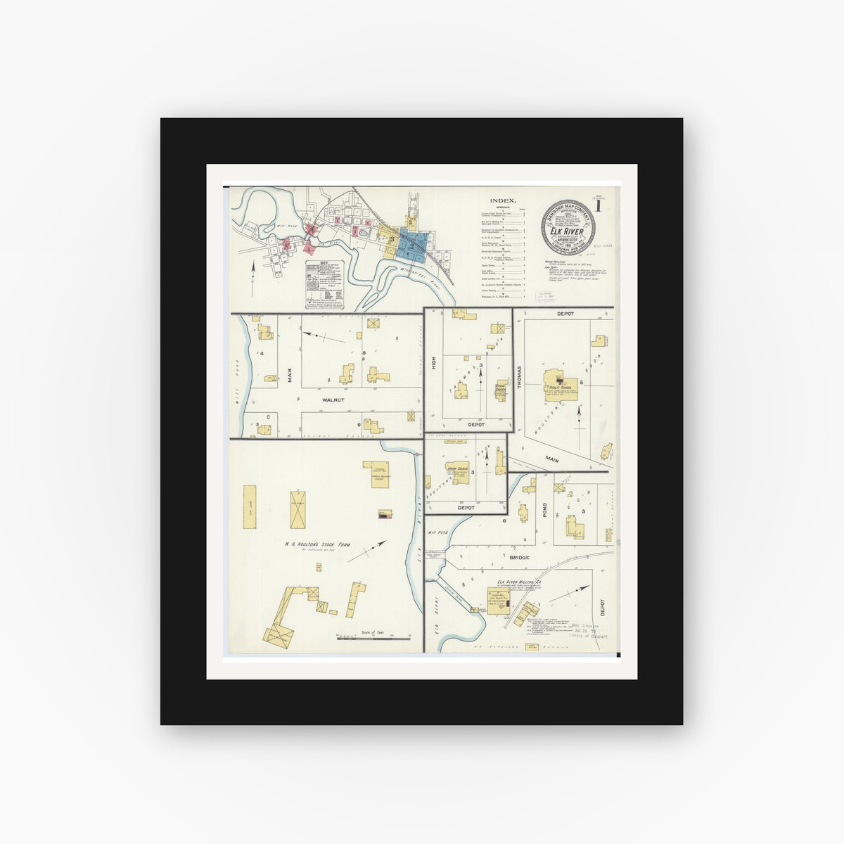 Old map wall art mockup — black gallery frame with white mat — Sanborn Fire Insurance Map from Elk River, Sherburne County, Minnesota (1911), Sheet #0001