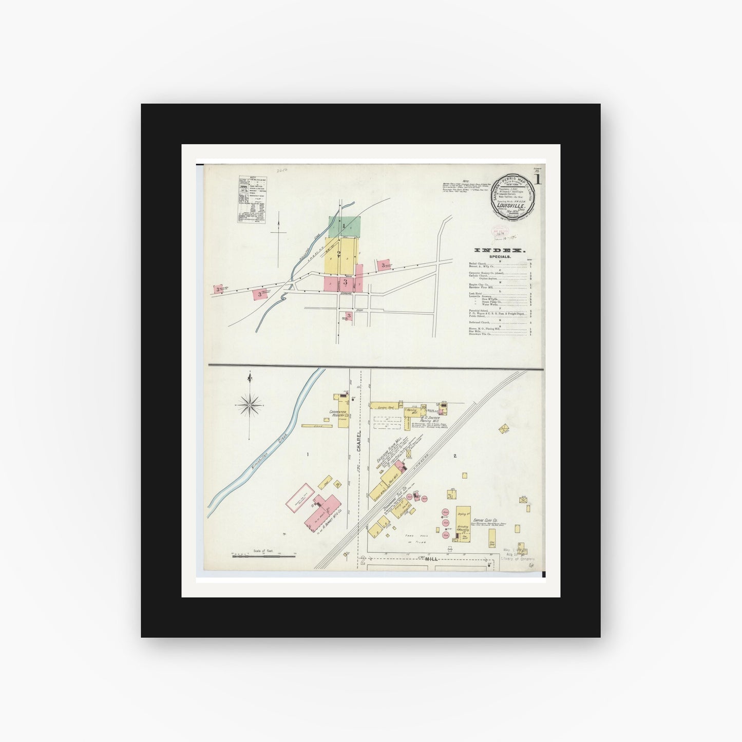 Old map wall art mockup — black gallery frame with white mat — Sanborn Fire Insurance Map from Louisville, Stark County, Ohio (1895) - Complete Map Set