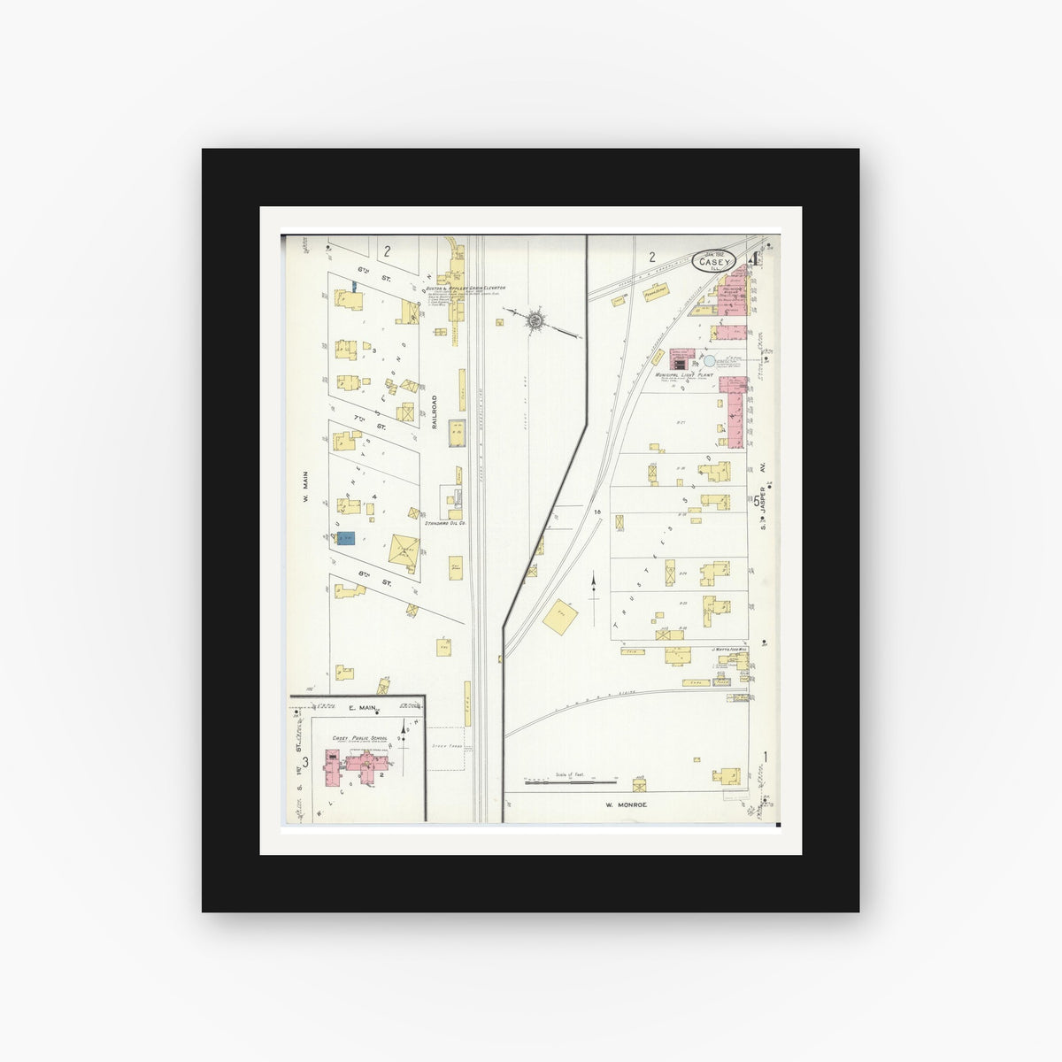 Old map wall art mockup — black gallery frame with white mat — Sanborn Fire Insurance Map from Casey, Clark County, Illinois (1912), Sheet #0004
