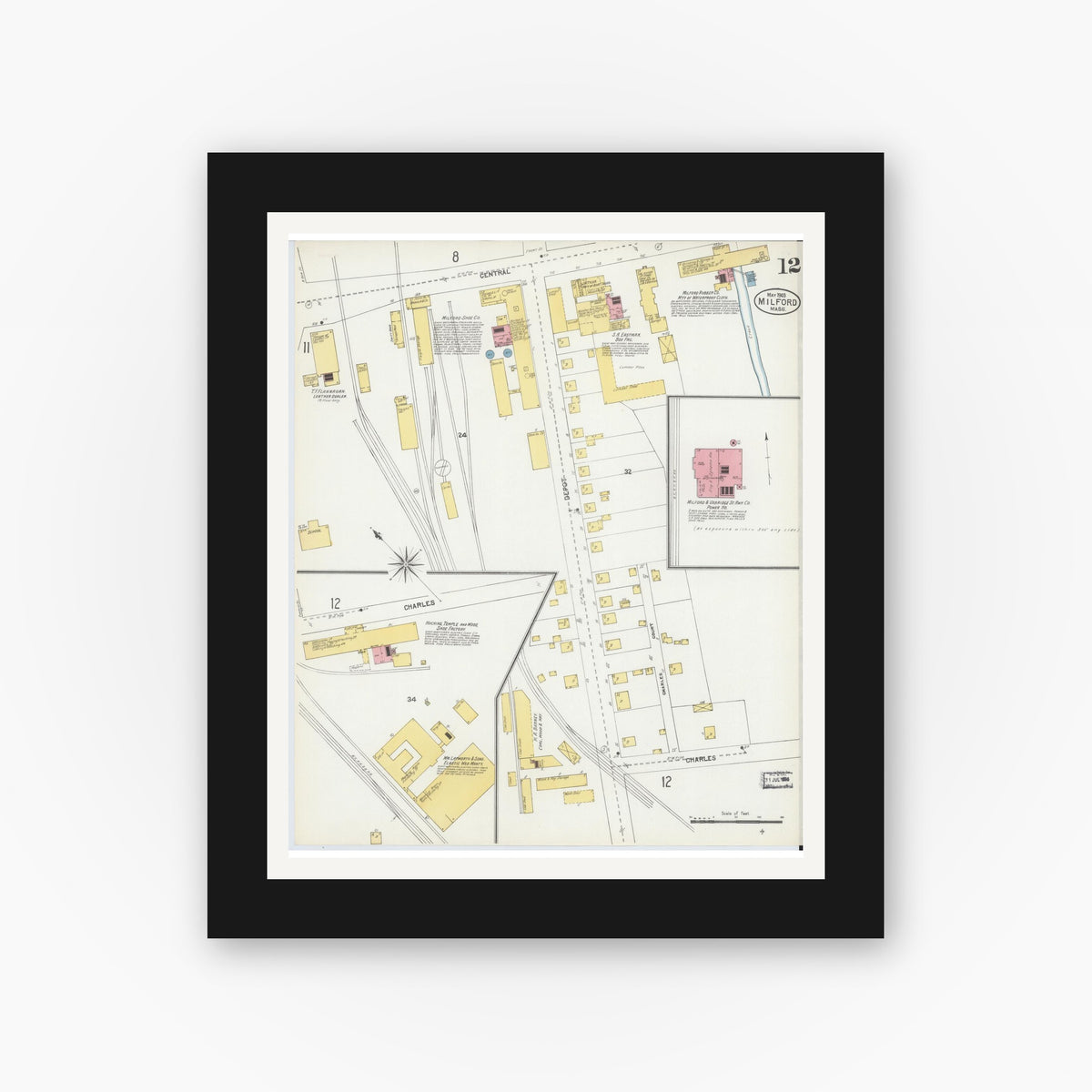 Old map wall art mockup — black gallery frame with white mat — Sanborn Fire Insurance Map from Milford, Worcester County, Massachusetts (1903), Sheet #0012