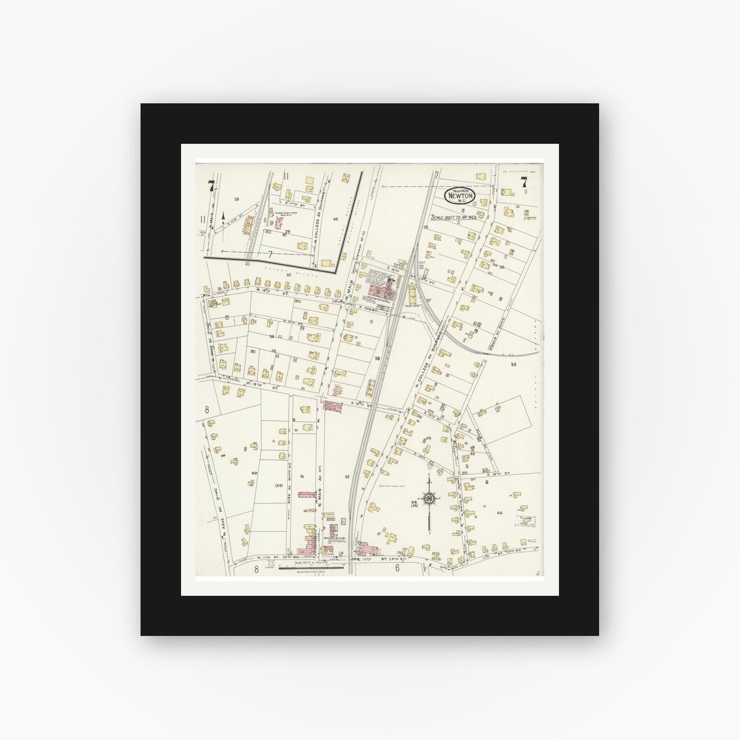 Old map wall art mockup — black gallery frame with white mat — Sanborn Fire Insurance Map from Newton, Catawba County, North Carolina (1924), Sheet #0007