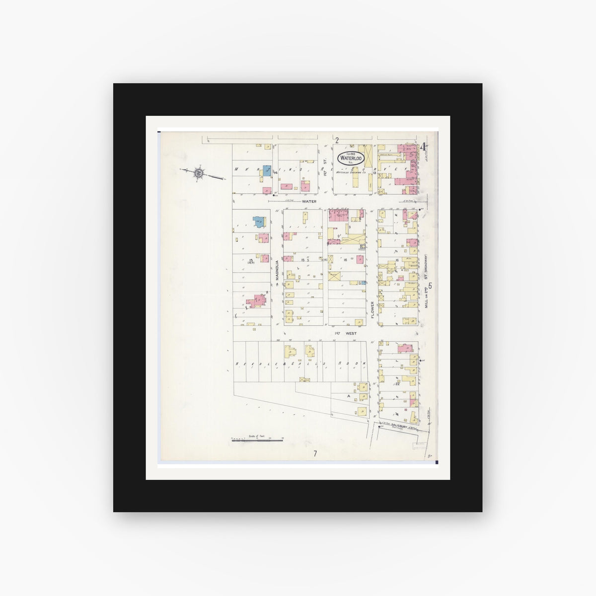 Old map wall art mockup — black gallery frame with white mat — Sanborn Fire Insurance Map from Waterloo, Monroe County, Illinois (1913), Sheet #0004