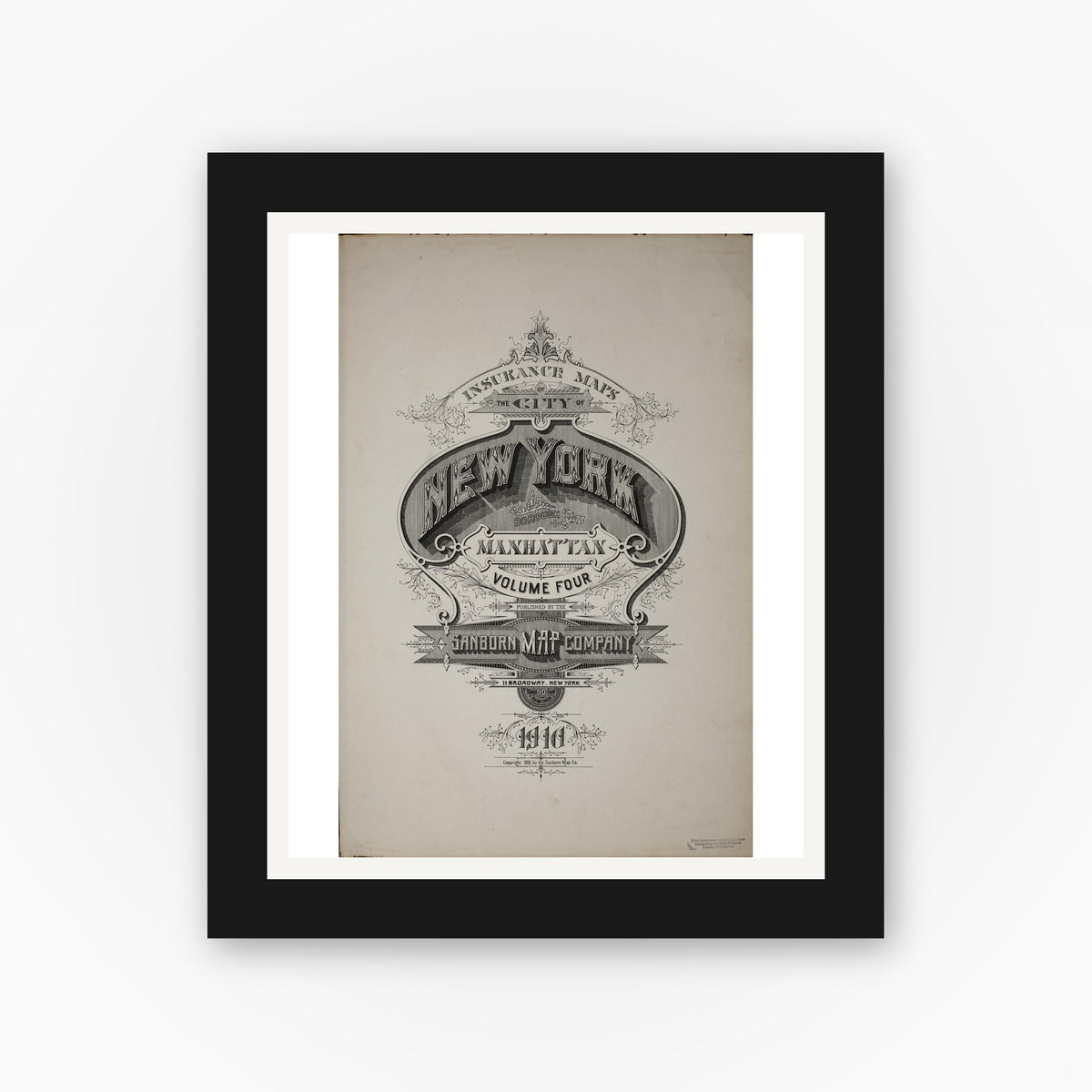 Old map wall art mockup — black gallery frame with white mat — Sanborn Fire Insurance Map from New York, Bronx, Manhattan, New York (1910), Sheet #0001