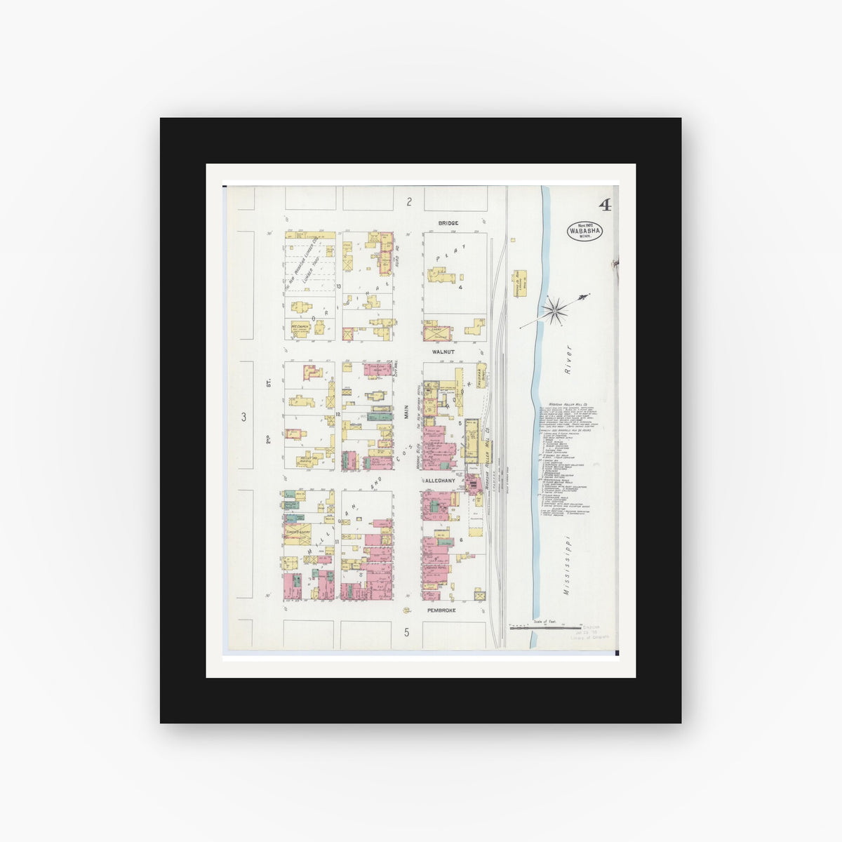 Old map wall art mockup — black gallery frame with white mat — Sanborn Fire Insurance Map from Wabasha, Wabasha County, Minnesota (1902), Sheet #0004