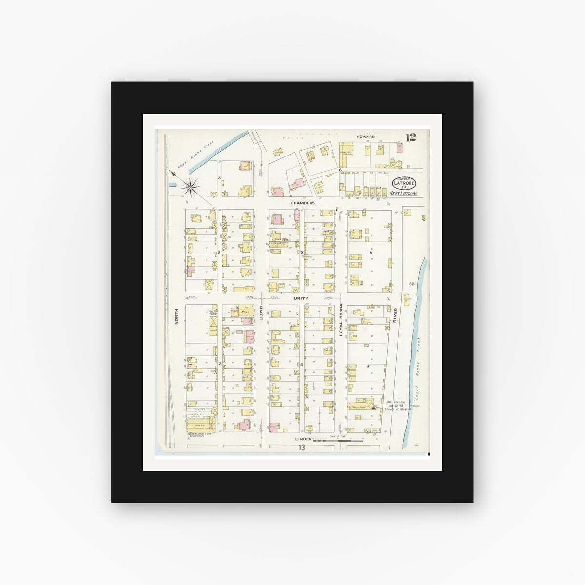 Old map wall art mockup — black gallery frame with white mat — Sanborn Fire Insurance Map from Latrobe, Westmoreland County, Pennsylvania (1909), Sheet #0012