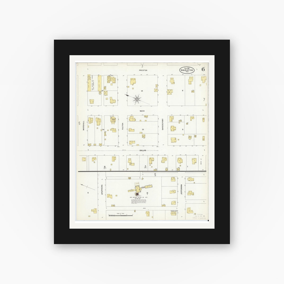 Old map wall art mockup — black gallery frame with white mat — Sanborn Fire Insurance Map from Van Alstyne, Grayson County, Texas (1907), Sheet #0006