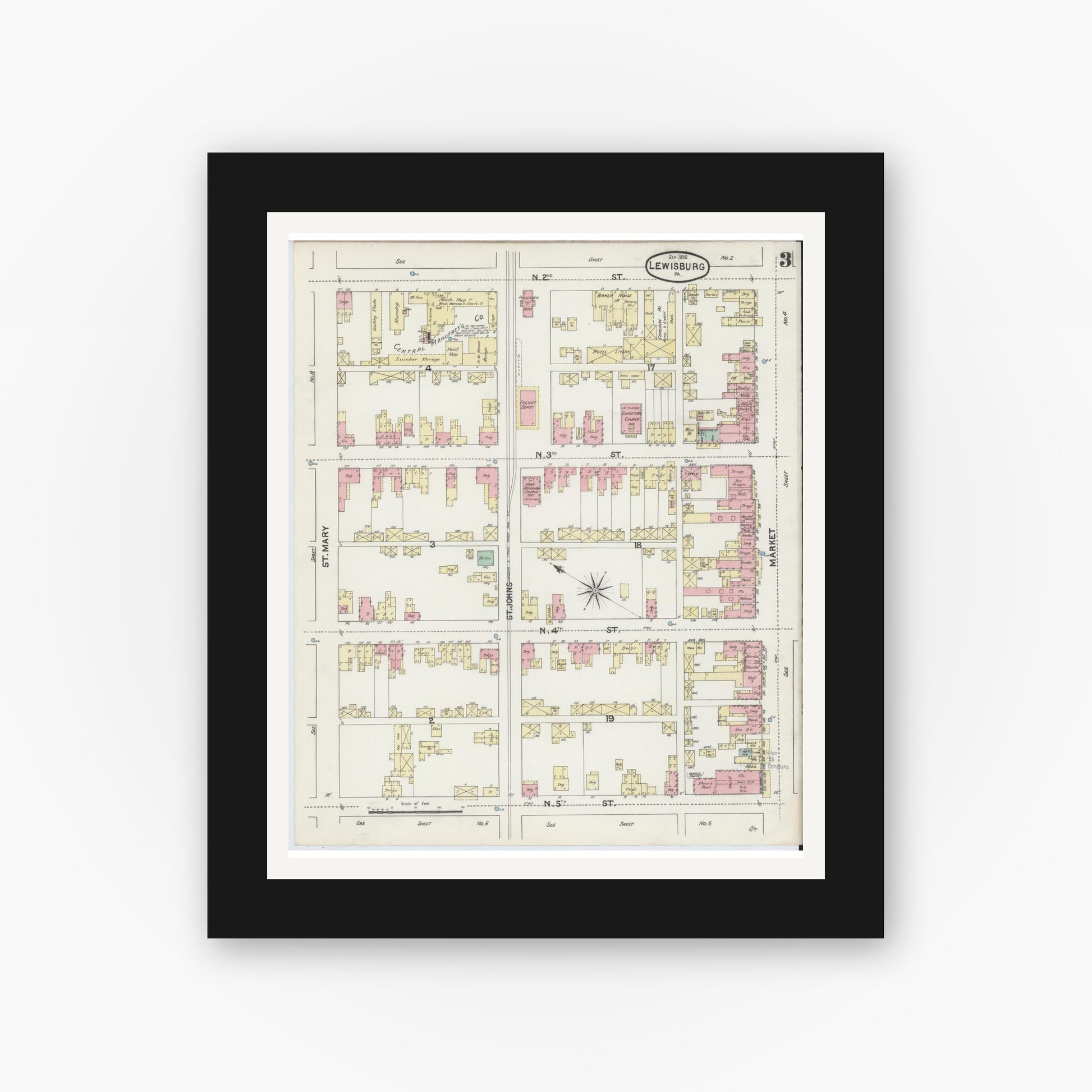 Old map wall art mockup — black gallery frame with white mat — Sanborn Fire Insurance Map from Lewisburg, Union County, Pennsylvania (1890), Sheet #0003