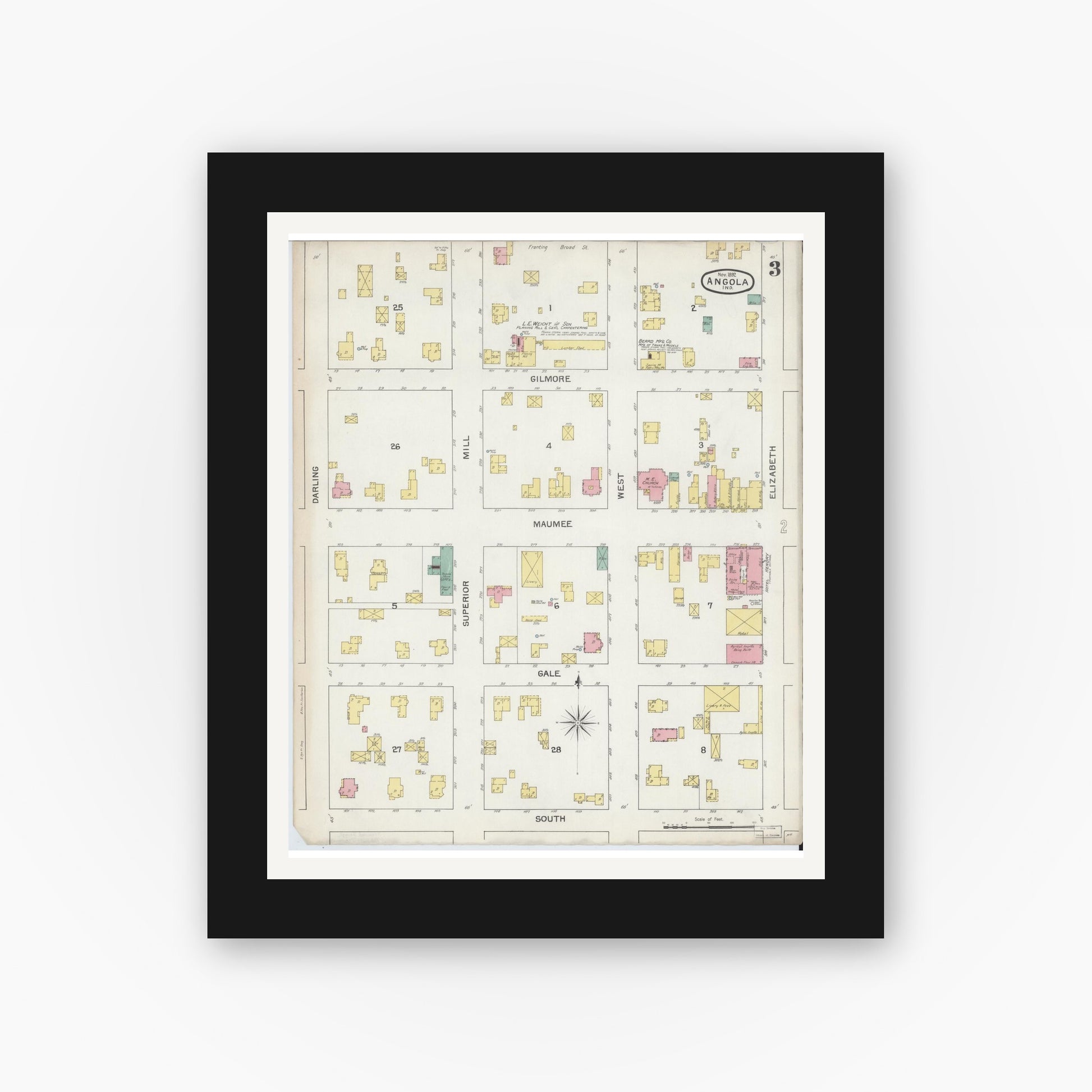 Old map wall art mockup — black gallery frame with white mat — Sanborn Fire Insurance Map from Angola, Steuben County, Indiana (1892), Sheet #0003