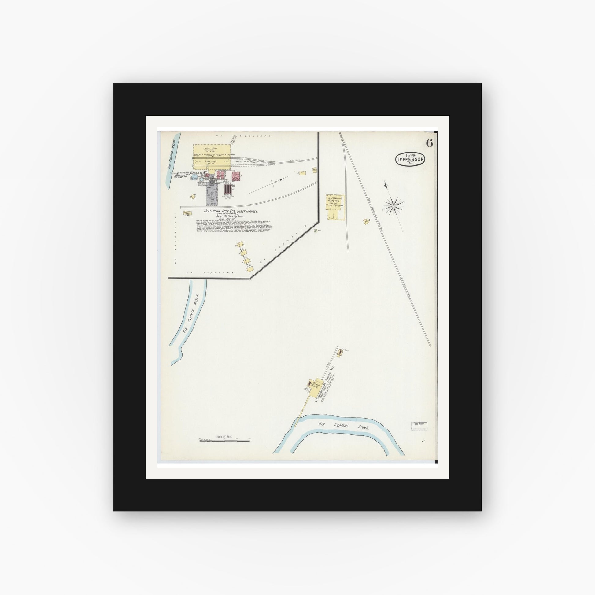 Old map wall art mockup — black gallery frame with white mat — Sanborn Fire Insurance Map from Jefferson, Marion County, Texas (1896), Sheet #0006