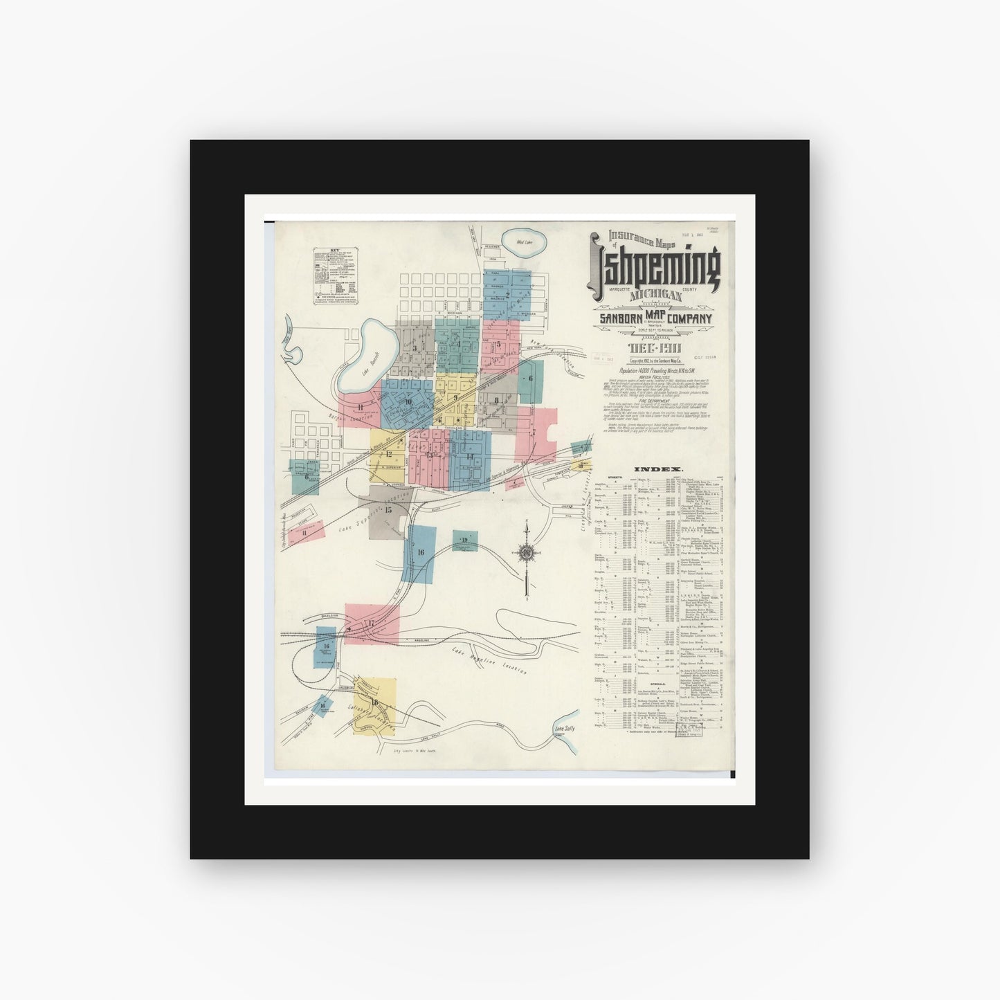 Old map wall art mockup — black gallery frame with white mat — Sanborn Fire Insurance Map from Ishpeming, Marquette County, Michigan (1911) - Complete Map Set