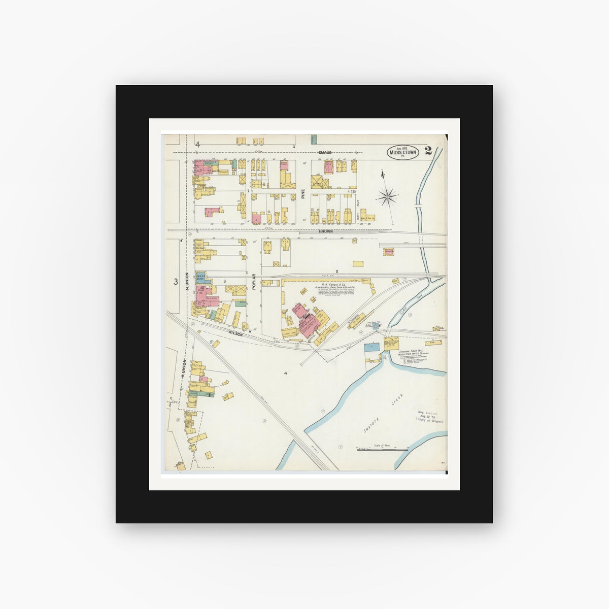Old map wall art mockup — black gallery frame with white mat — Sanborn Fire Insurance Map from Middletown, Dauphin County, Pennsylvania (1902), Sheet #0002
