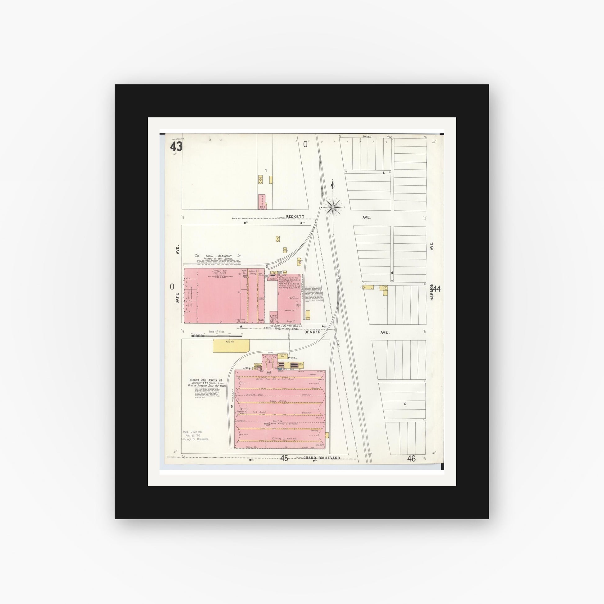 Old map wall art mockup — black gallery frame with white mat — Sanborn Fire Insurance Map from Hamilton, Butler County, Ohio (1899), Sheet #0043