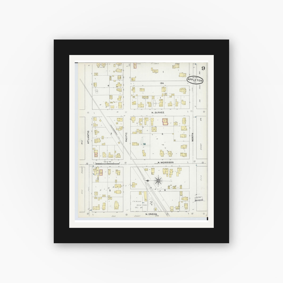 Old map wall art mockup — black gallery frame with white mat — Sanborn Fire Insurance Map from Appleton, Outagamie County, Wisconsin (1891), Sheet #0009