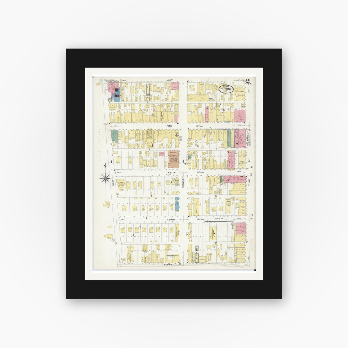 Old map wall art mockup — black gallery frame with white mat — Sanborn Fire Insurance Map from Hibbing, Saint Louis County, Minnesota (1908), Sheet #0002