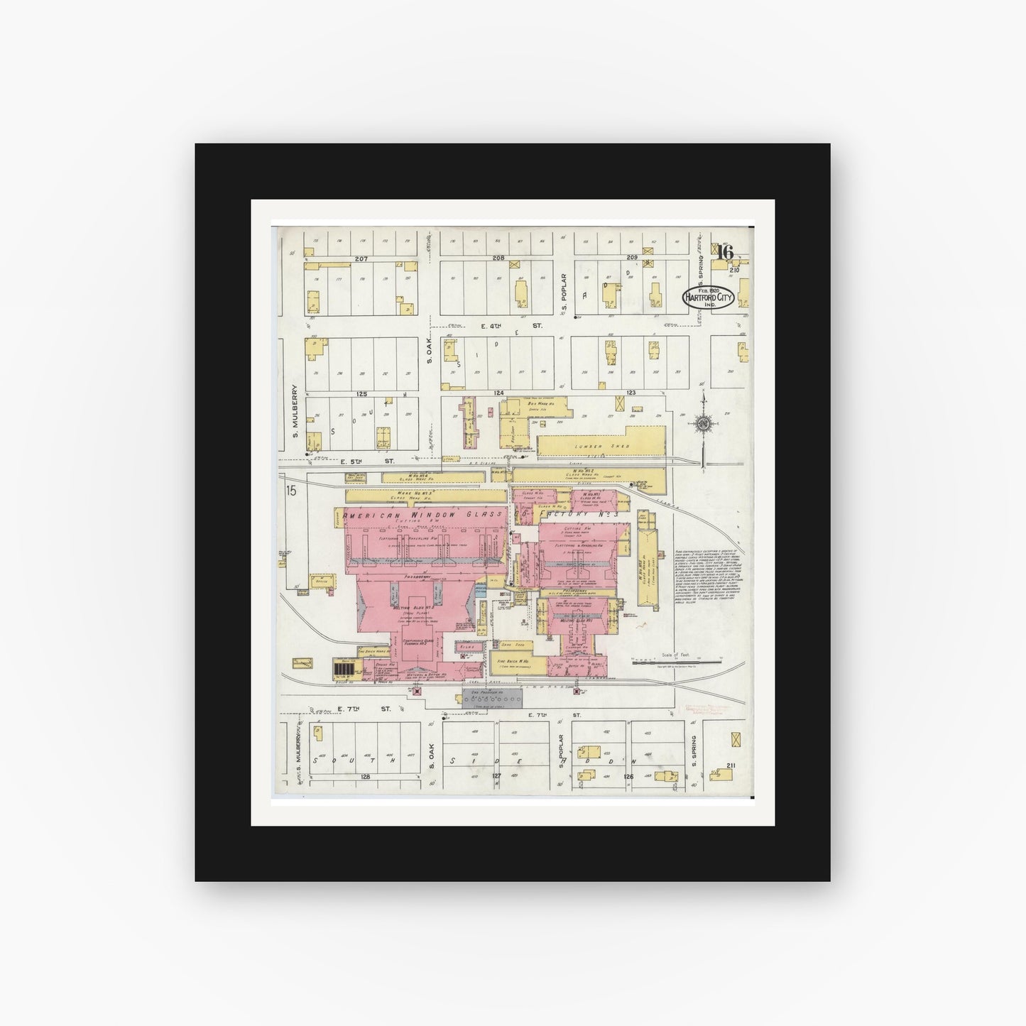 Old map wall art mockup — black gallery frame with white mat — Sanborn Fire Insurance Map from Hartford City, Blackford County, Indiana (1920), Sheet #0016